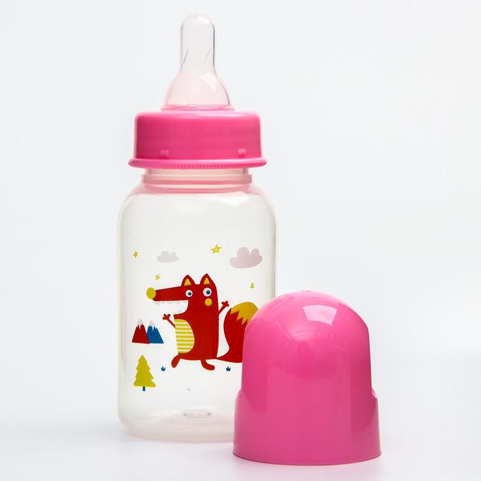 Набор для кормления, 5 предметов: бутылочка детская 125 мл, поильник 125 мл, тарелка, ложка, вилка, цвет розовый