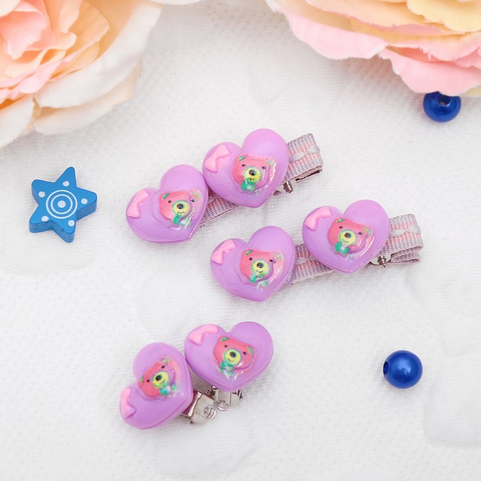 Комплект детский "Выбражулька" 3 предмета: 2 заколки, клипсы, мишки в сердцах, цвет МИКС