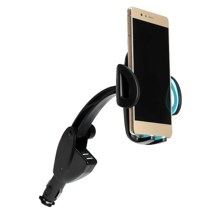 Держатель телефона TORSO раздвижной 50-90 мм, в прикуриватель с 2 USB, МИКС