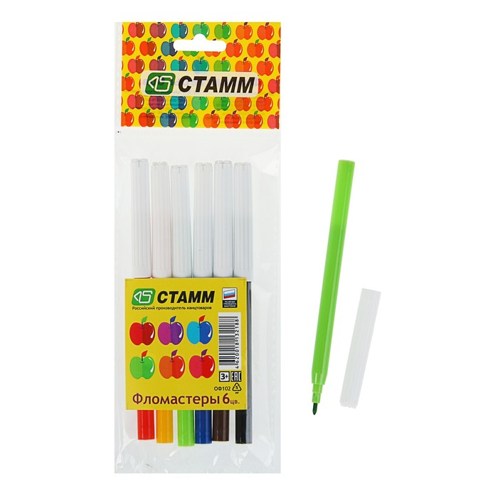 Фломастеры 6 цветов "Яблоко", в подвесе