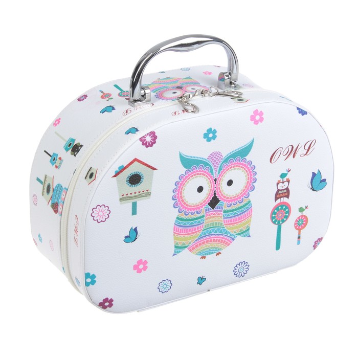 Шкатулка кожзам с зеркалом чемодан "Полосатая сова" 17х25,5х11 см