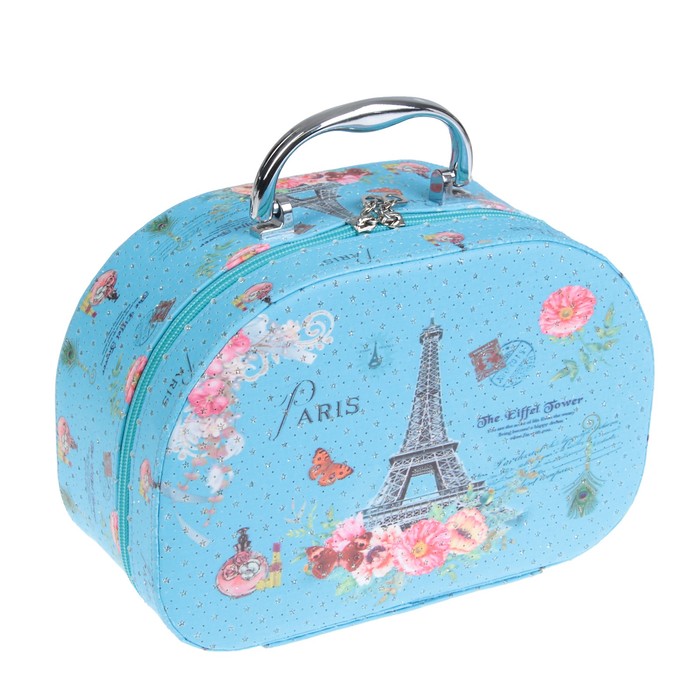Шкатулка кожзам с зеркалом чемодан "Эйфелева башня на синем" 17х25,5х11 см