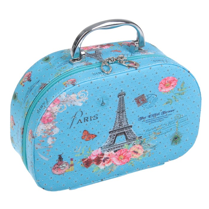 Шкатулка кожзам с зеркалом чемодан "Эйфелева башня на синем" 14х22х8 см