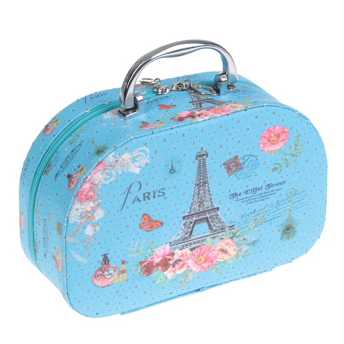 Шкатулка кожзам с зеркалом чемодан "Эйфелева башня на синем" 14х22х8 см