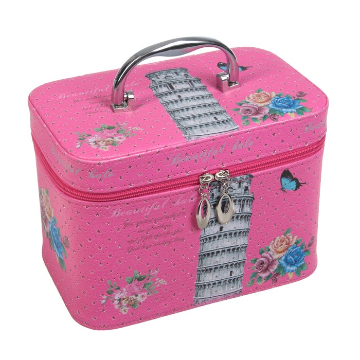 Шкатулка кожзам с зеркалом чемодан "Пизанская башня на розовом" 17х23х15,5 см
