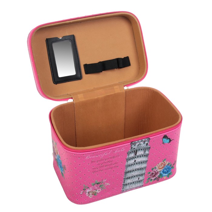 Шкатулка кожзам с зеркалом чемодан "Пизанская башня на розовом" 17х23х15,5 см