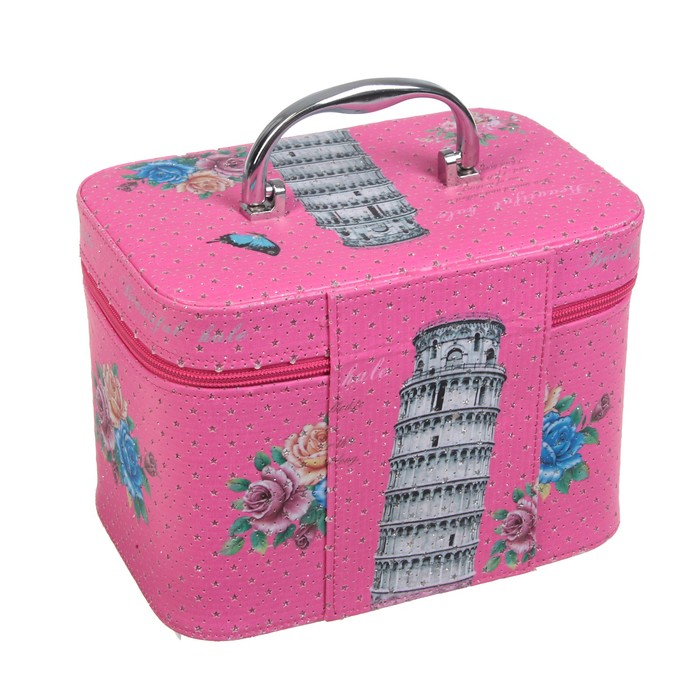 Шкатулка кожзам с зеркалом чемодан "Пизанская башня на розовом" 17х23х15,5 см