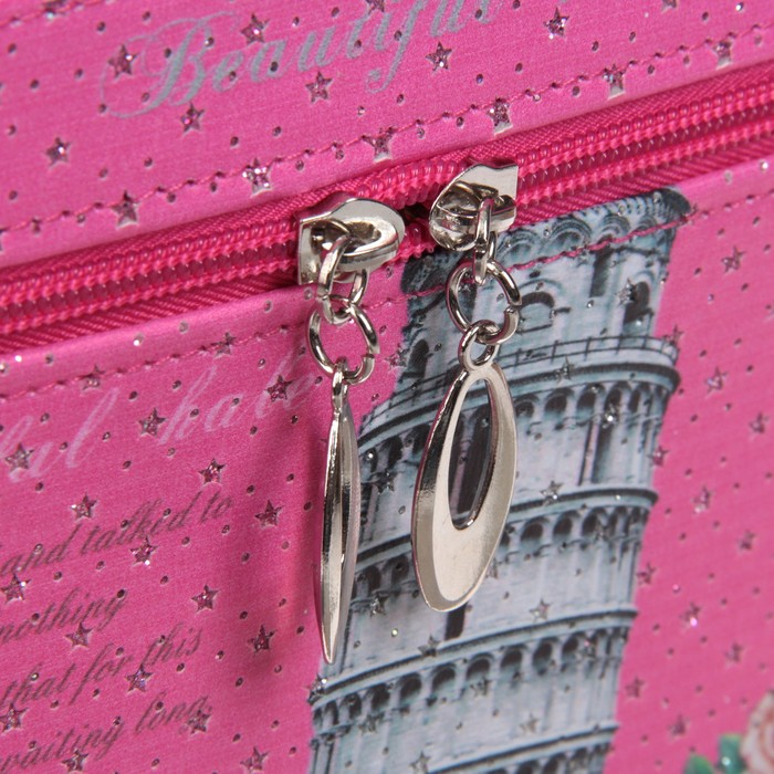 Шкатулка кожзам с зеркалом чемодан "Пизанская башня на розовом" 17х23х15,5 см