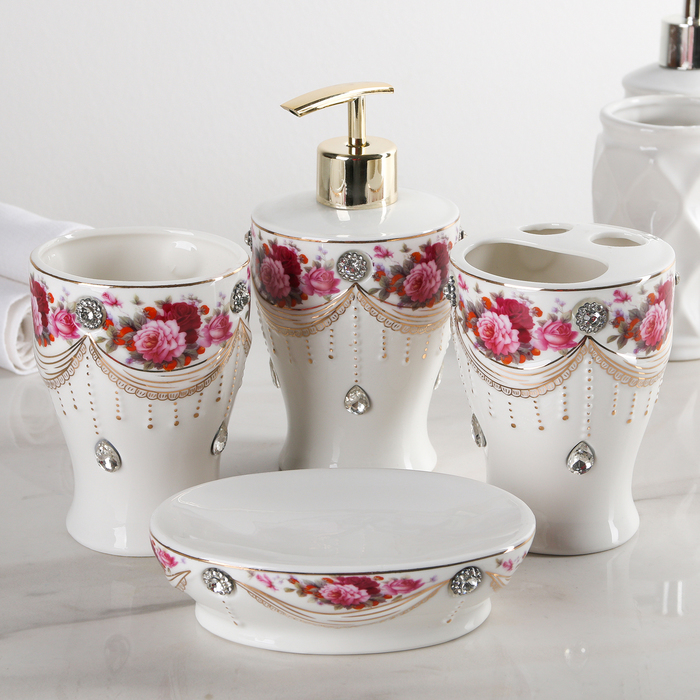 Набор для ванной "Пионы" 4 предмета: мыльница, дозатор для мыла, 2 стакана