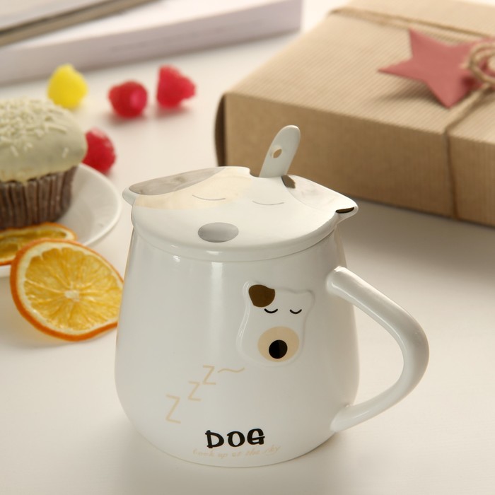 Кружка 350 мл "Животные", с керамической крышкой и ложечкой, животные МИКС