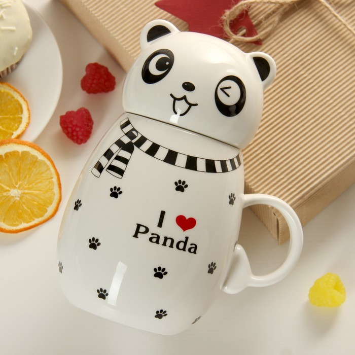 Кружка 400 мл "Панда", с керамической крышкой, цвет МИКС