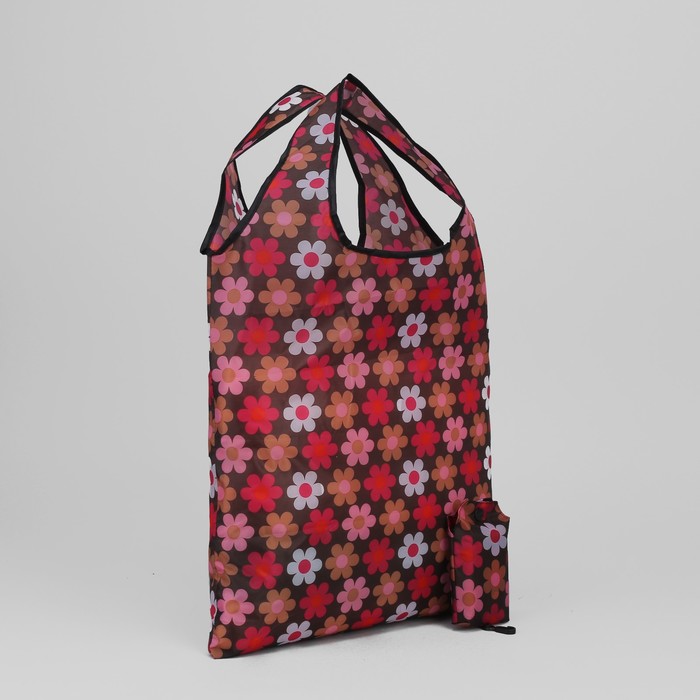 Сумка хозяйственная складная "Цветы", отдел без молнии, цвет коричневый/розовый