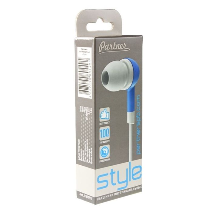 Наушники Partner 031190 Style, 3.5, пластиковый корпус, бело-синие