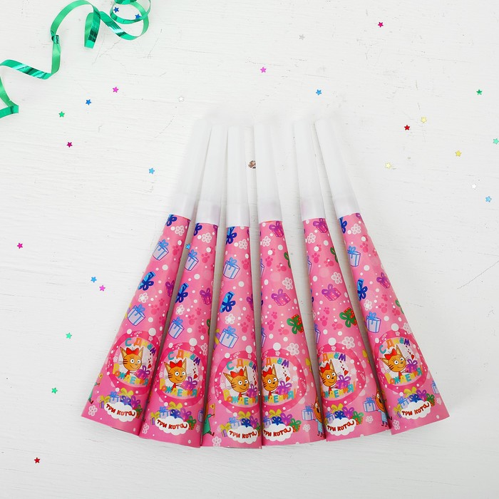 Язык-гудок "Три Кота", набор 6 шт, цвет розовый, 20 см