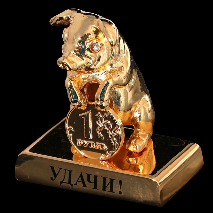 Сувенир «Свинка с монеткой», удачи, 4×2,4×4,3 см, с кристаллами Сваровски