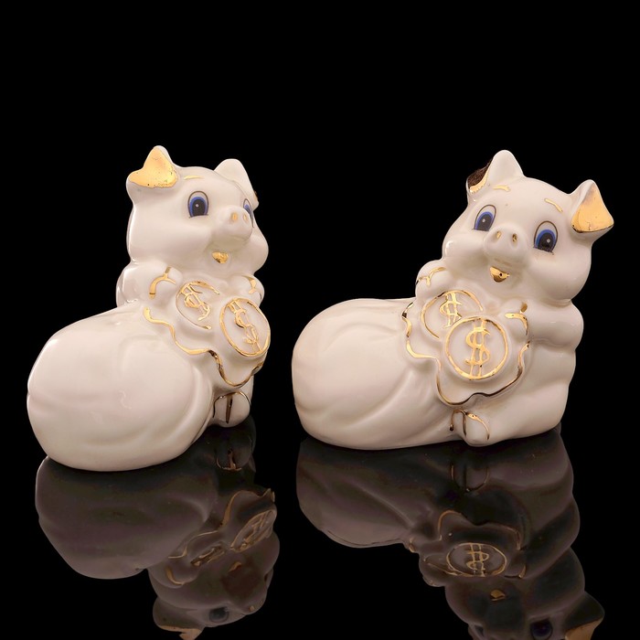 Набор «Свинка с мешком монет», 2 шт: 8,5×5,5×7,5 см, кремовый, фарфор