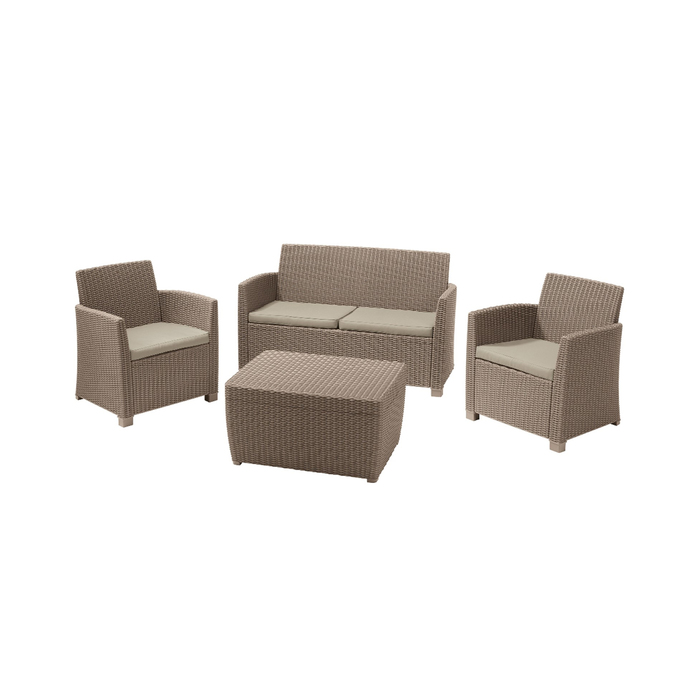 Набор мебели Corona set With cushion box, 4 предмета: стол, диван, 2 кресла, иск. ротанг, капучино