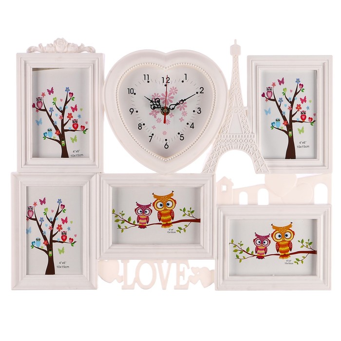Часы настенные хайтек+5 фоторамок Love. Эйфелева башня, белые (фото 10х15) 50*40см