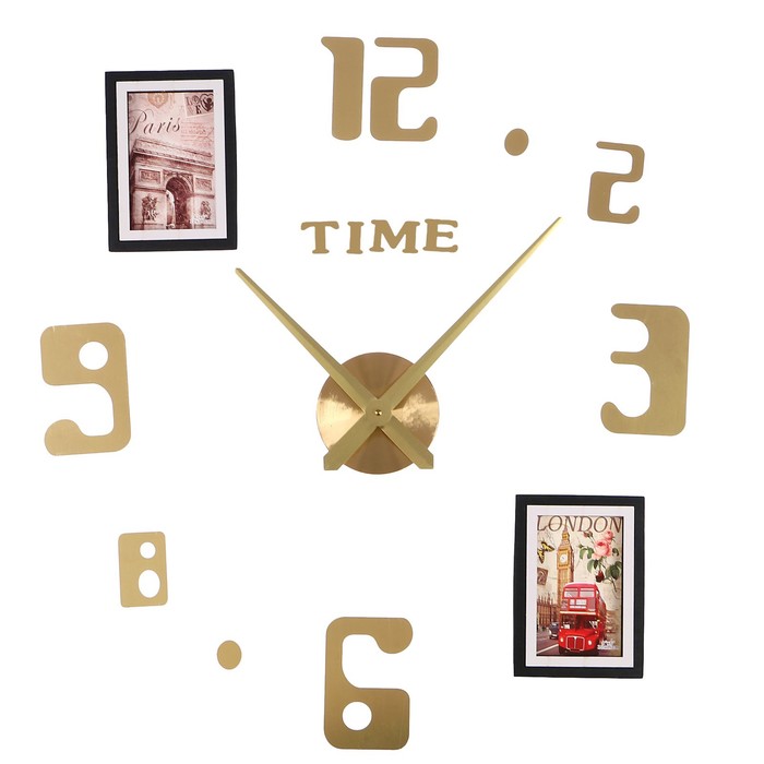 Часы-наклейка DIY с фоторамками, d=120 см, стрелки 39 см, фото 13х8.5 см, золотые