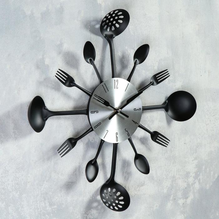 Часы настенные Столовые приборы, вилки/ложки/поварешки/шумовки черн, циф-т с цифрами, d=35см