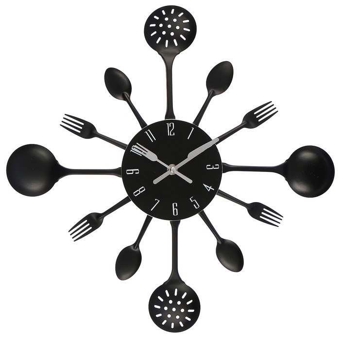 Часы настенные Столовые приборы, вилки/ложки/поварешки/шумовки черн, циф-т с цифрами, d=42см
