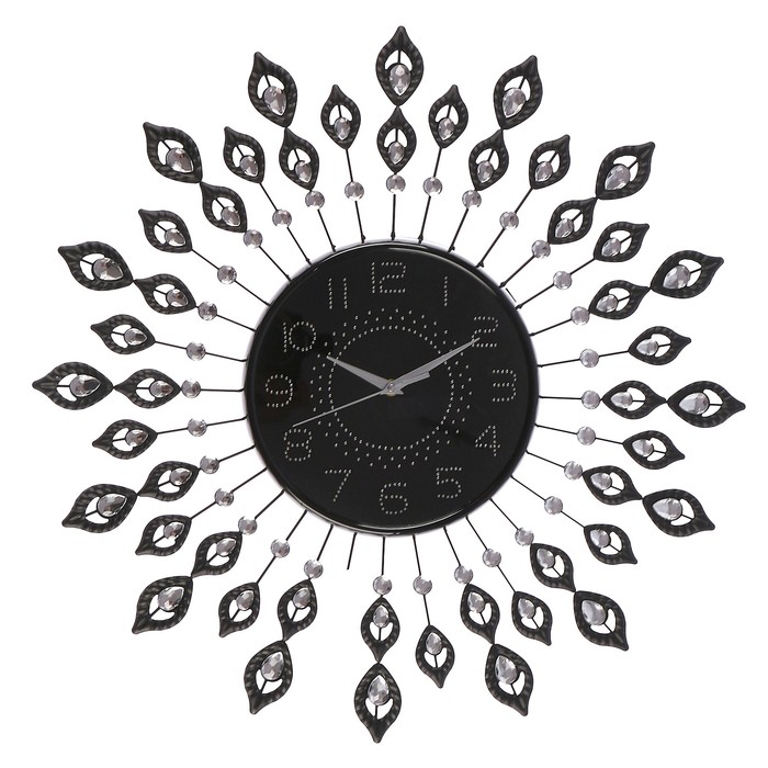 Часы настенные, серия Ажур «Павлиньи перья в два ряда», цифры-стразы, чёрные, d=60 см