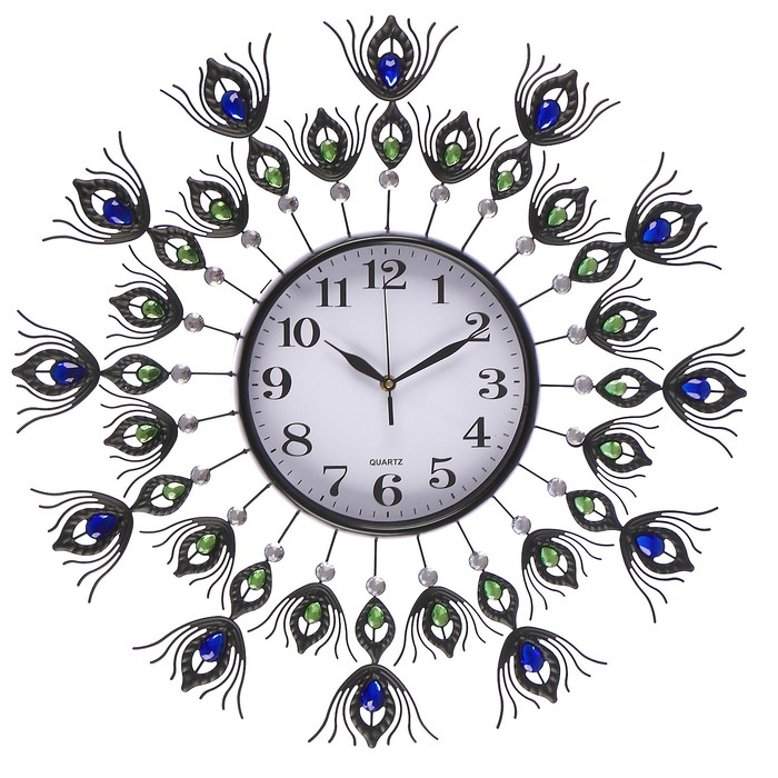 Часы настенные, серия Ажур, «Пушистые цветные павлиньи перья», стразы, чёрные, d=60 см