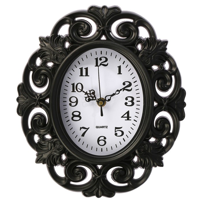 Часы настенные интерьерные, овал, черная ажурная рама, циф-т белый, 25*28см
