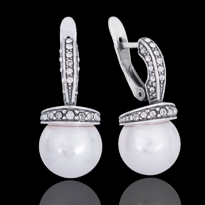 Серьги "Амон", цвет белый в чернёном серебре