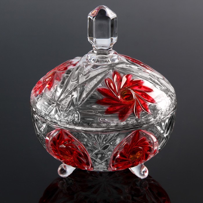 Конфетница 700 мл "Гербера", на ножках с крышкой, цвет красный