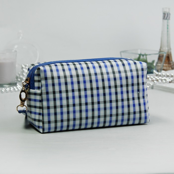 Косметичка дорожная «Клетка», отдел на молнии, с ручкой, цвет синий
