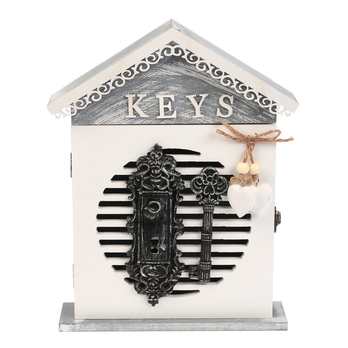 Ключница дерево 6 крючков "Замочная скважина и ажурный ключ" белая с серым 30х22,5х6,5 см