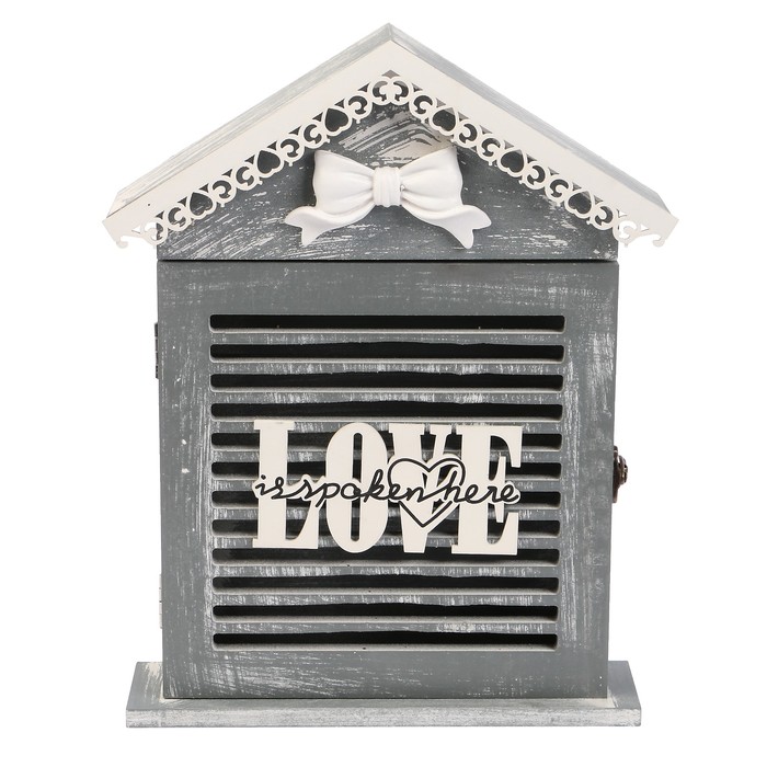 Ключница дерево 6 крючков "Love. Бант" серая с белым 30х22,5х6,5 см