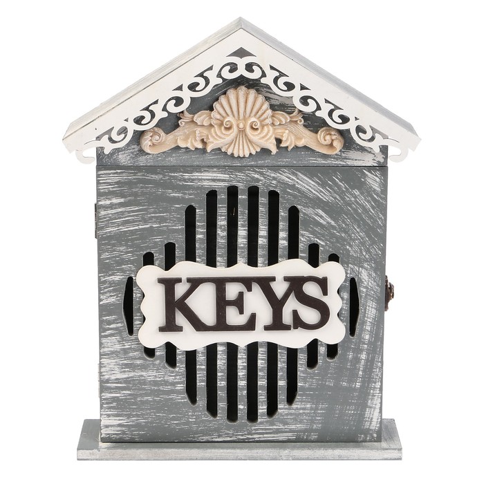 Ключница дерево 6 крючков "Ключи. Ажур" серая с белым 30х22,5х6,5 см