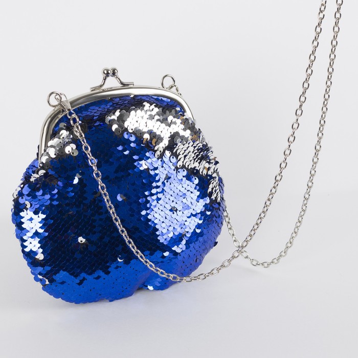 Сумка женская, отдел на фермуаре, цепочка, цвет синий/серебро