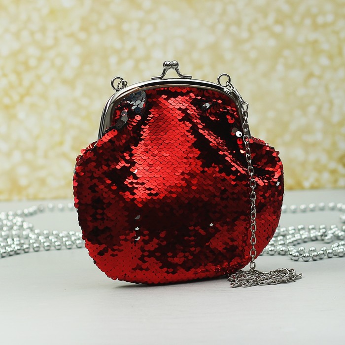 Сумка женская "Блеск", отдел на фермуаре, цепочка, цвет красный/серебристый