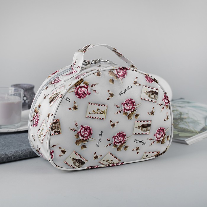 Косметичка-сундучок «Розы», отдел на молнии, зеркало, цвет белый
