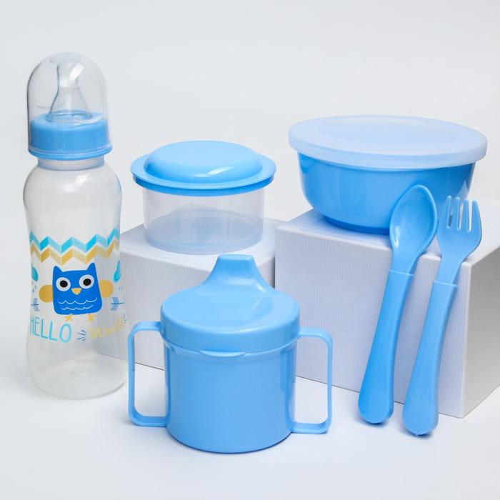 Набор детский «Первый подарок малышу», 10 предметов: бутылочка для кормления 250 мл, поильник, ёршики, посуда, нагрудник, погремушка, цвет голубой