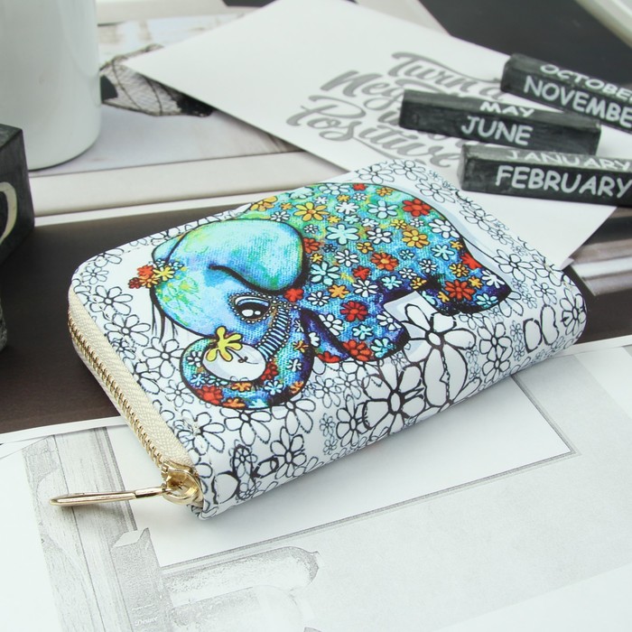 Кошелёк женский "Слоник", 2 отдела, для карт, для монет, белый/разноцветный