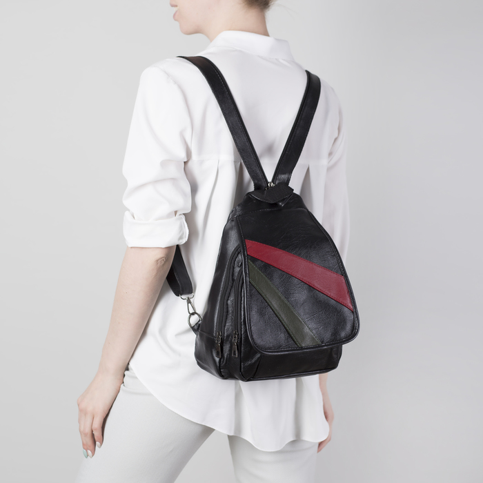 Рюкзак молодёжный, с кошельком, 2 отдела на молниях, 2 наружных кармана, цвет чёрный/красный/зелёный