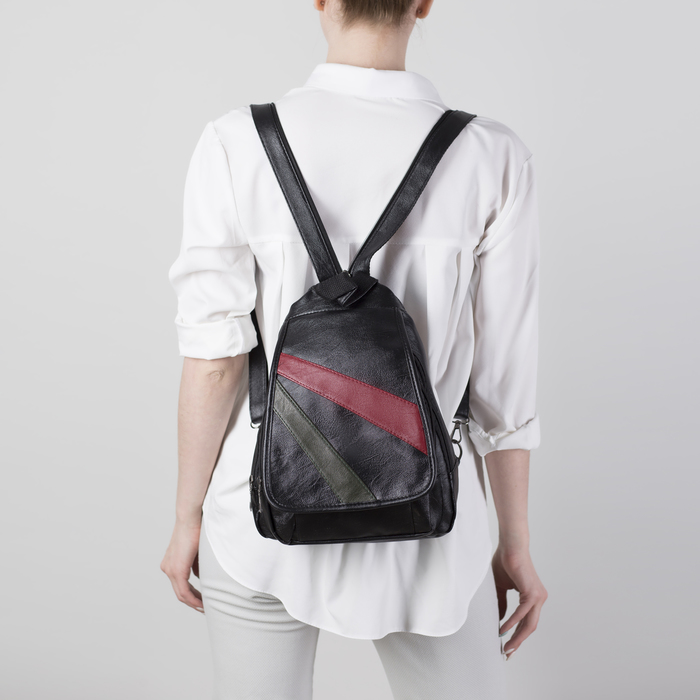 Рюкзак молодёжный, с кошельком, 2 отдела на молниях, 2 наружных кармана, цвет чёрный/красный/зелёный