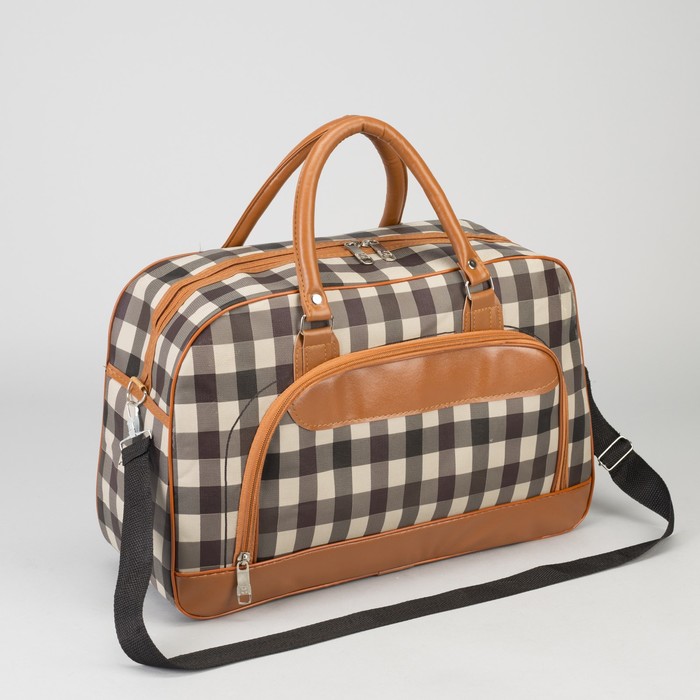 Сумка дорожная «Клетка», отдел на молнии, наружный карман, длинный ремень, цвет коричневый
