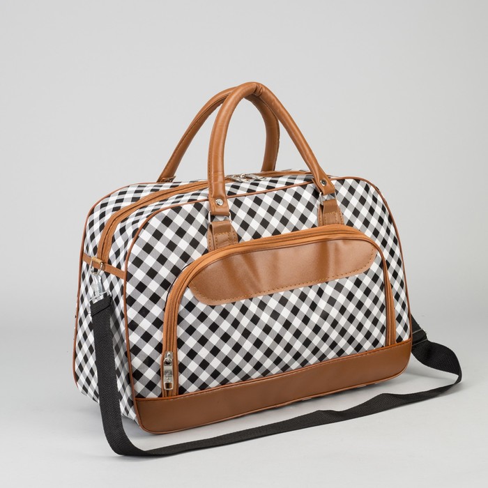 Сумка дорожная «Клетка», отдел на молнии, наружный карман, длинный ремень, цвет чёрно-белый