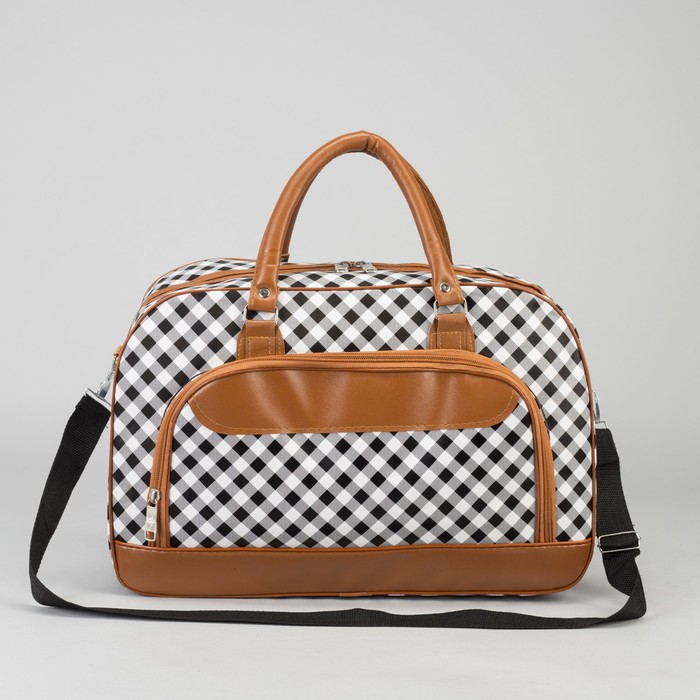 Сумка дорожная «Клетка», отдел на молнии, наружный карман, длинный ремень, цвет чёрно-белый