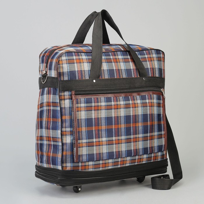 Сумка дорожная на колёсах «Клетка», отдел на молнии, трансформер, наружный карман, длинный ремень, цвет синий/коричневый
