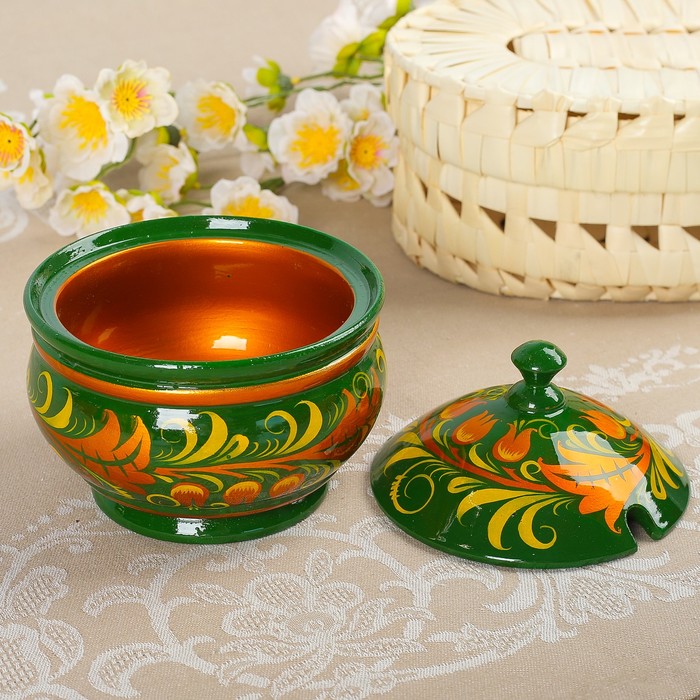 Сахарница «Цветочки», большая, 10,5×15 см, зелёная хохлома
