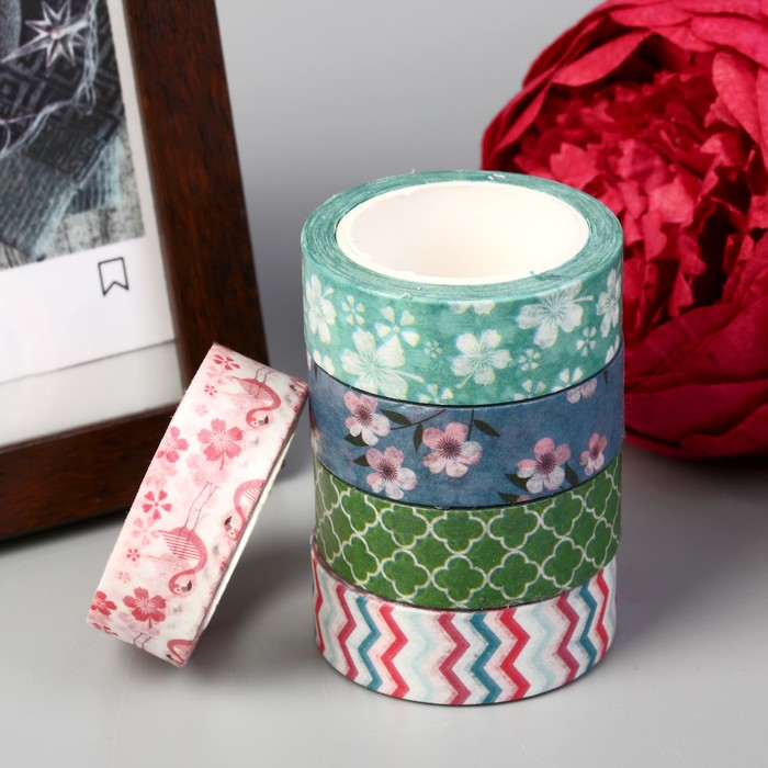 Клейкая лента декоративная бумажная "Цветущее лето" ширина 1,5 см длина 10 метров МИКС