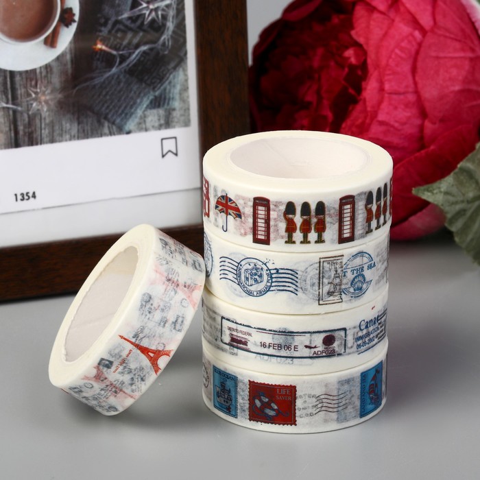 Клейкая лента декоративная бумажная "Путешествие" ширина 1,5 см намотка 10 м МИКС