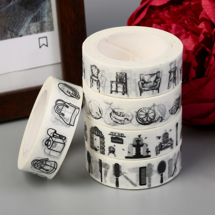 Клейкая лента декоративная бумажная "Мелкие рисунки" ширина 1,5 см намотка 10 м МИКС