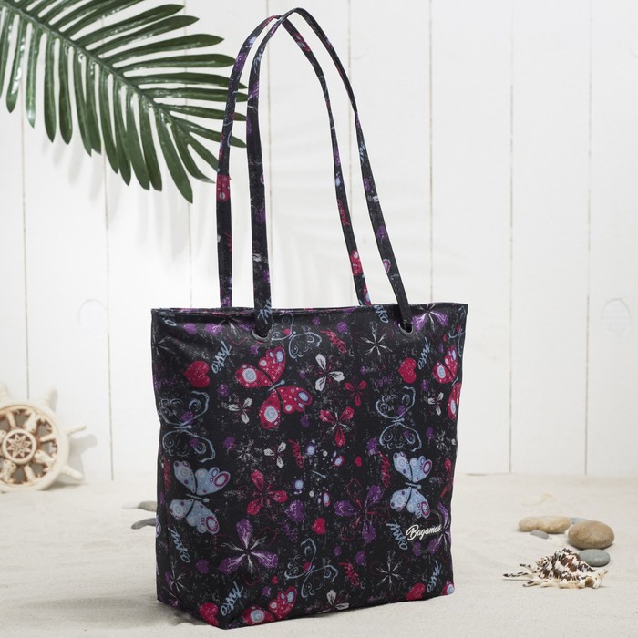 7929 Д Сумка пляжная Bagamas  34*11*29, отд на молнии,  черный/розовые бабочки